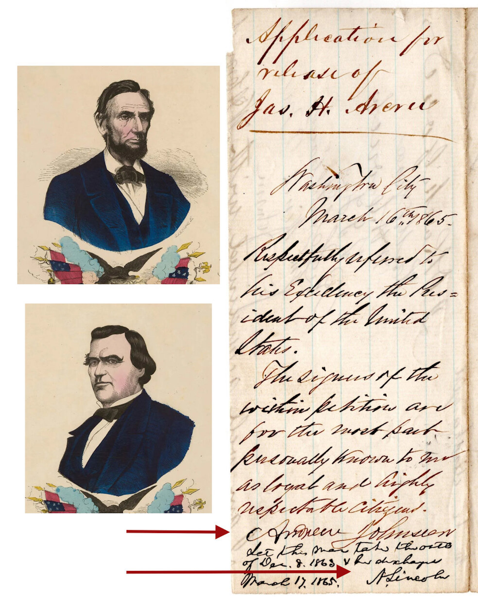 Civil War-dated amnesty petition signed by Abraham Lincoln and Andrew Johnson, rare because Johnson only served as VP for six weeks prior to Lincoln’s assassination (est. $14,000-$18,000).