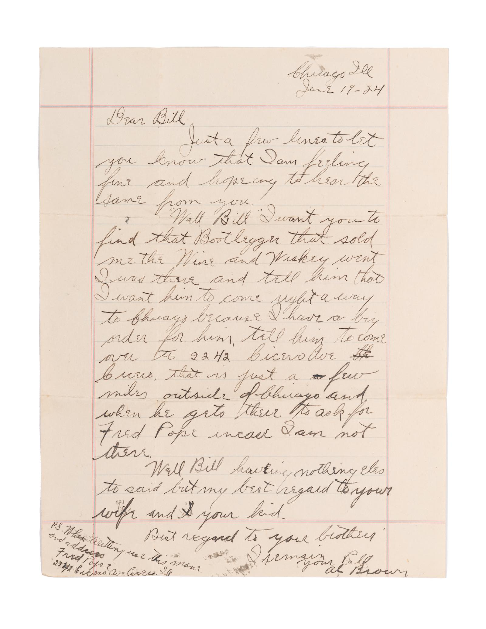 Al Capone, autograph letter signed (as "Al Brown")