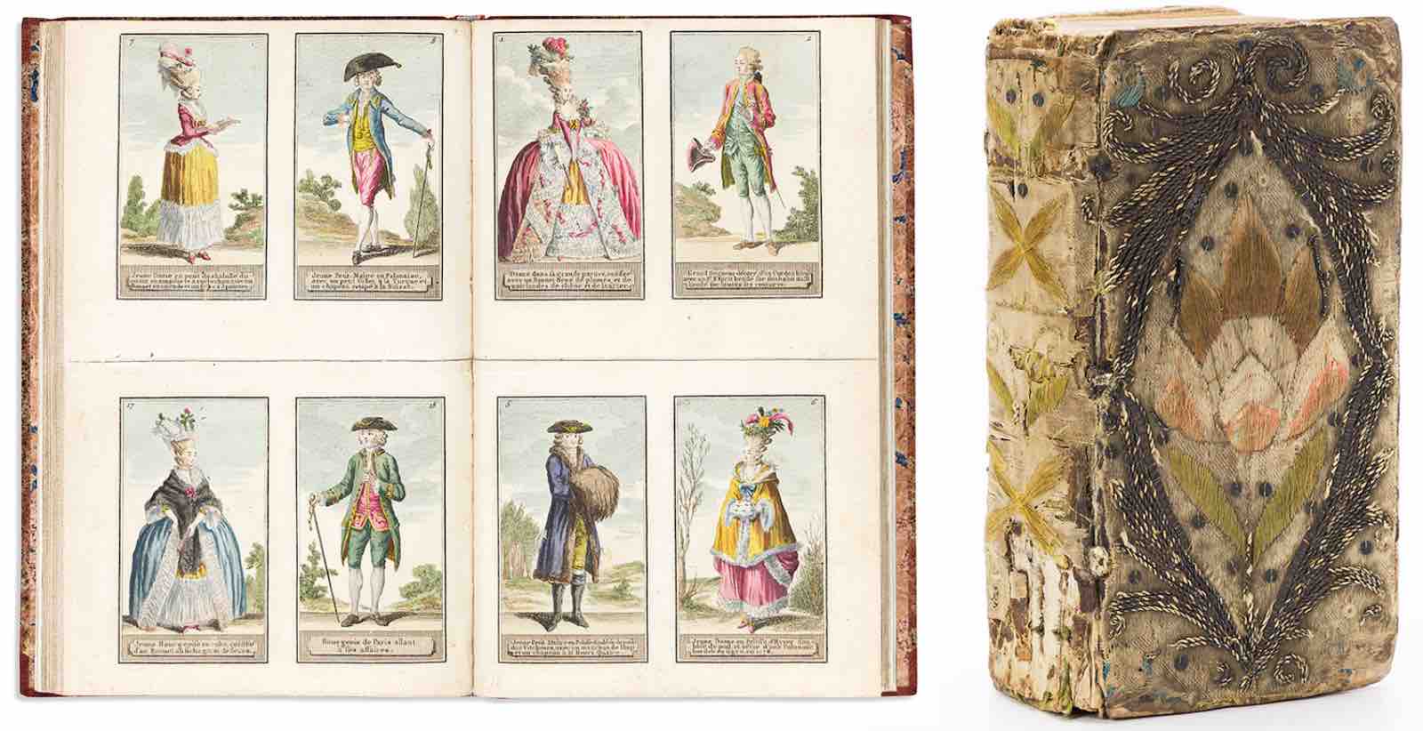 Left: Coiffure &amp; Costume Plates: Louis XVI Era, Recueil Général de Coeffures de Différents Gouts, Où l’on voit la manière dont se Coëffoient les Femmes, sous différens règnes, A commencer en 1589 jusqu’en 1778, first edition, Paris, 1778. Estimate $4,000 to $6,000.; right: The New Testament; bound with The Whole Booke of Psalmes, London, 1640. Estimate $3,000 to $5,000.