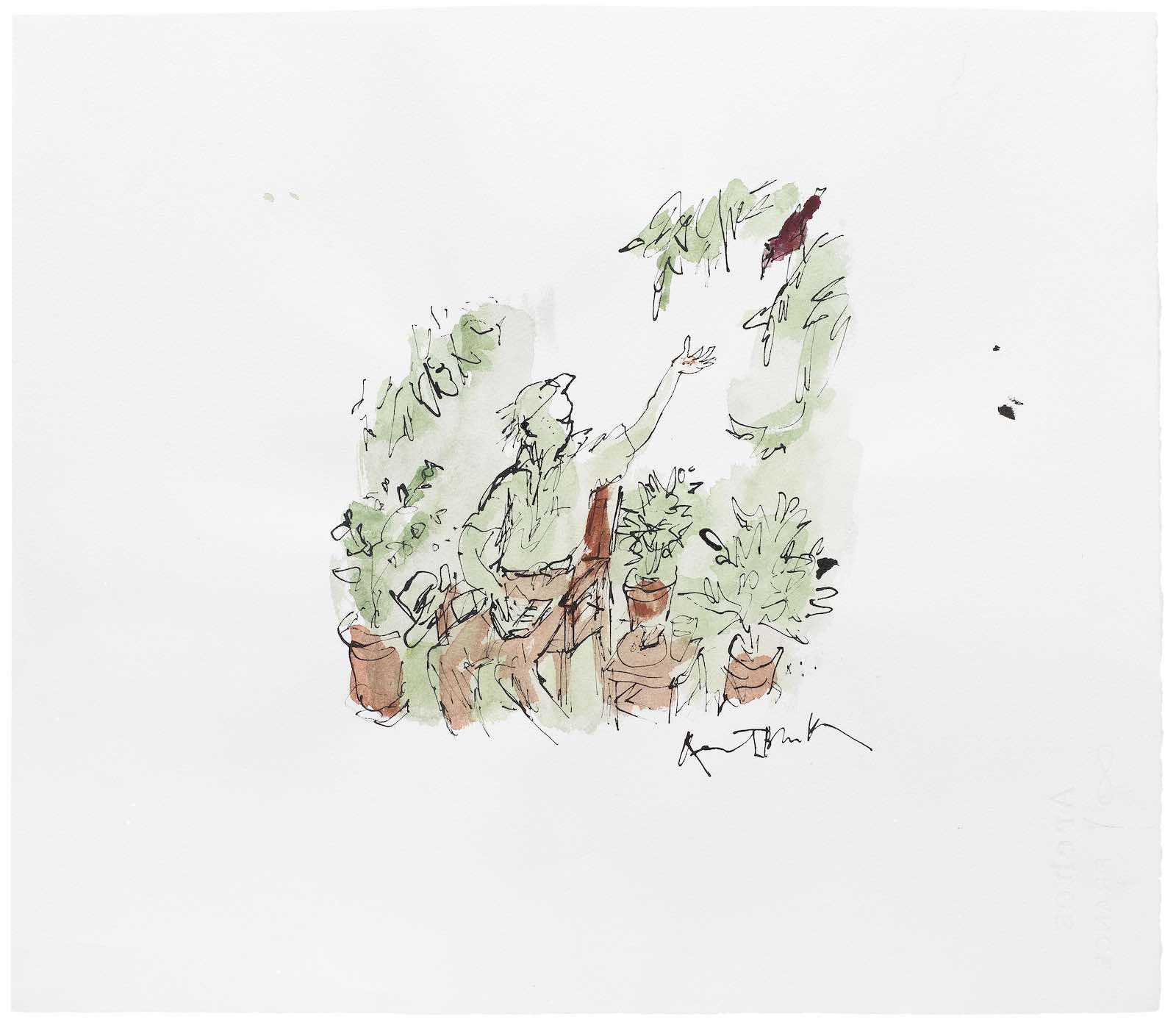 Sir Quentin Blake, Garden Conversation signed 'Quentin Blake' (lower right) pen and ink and watercolour on paper 37.8 x 43.3cm. (unframed) Executed in 2022 £1,000-1,500.