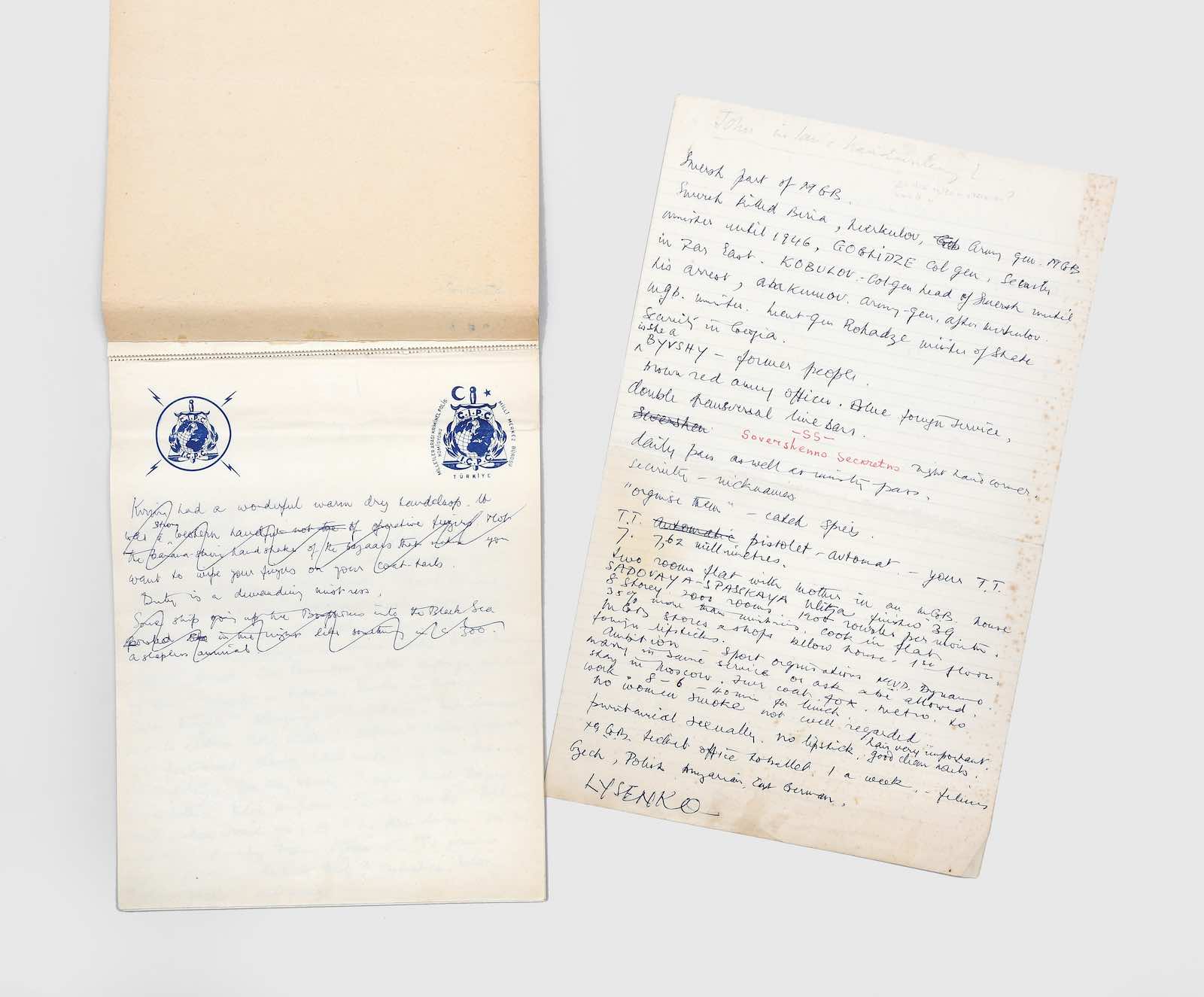 Ian Fleming’s manuscript notes on the 23rd annual conference for the International Criminal Police Commission in Turkey, developed into From Russia, With Love 
