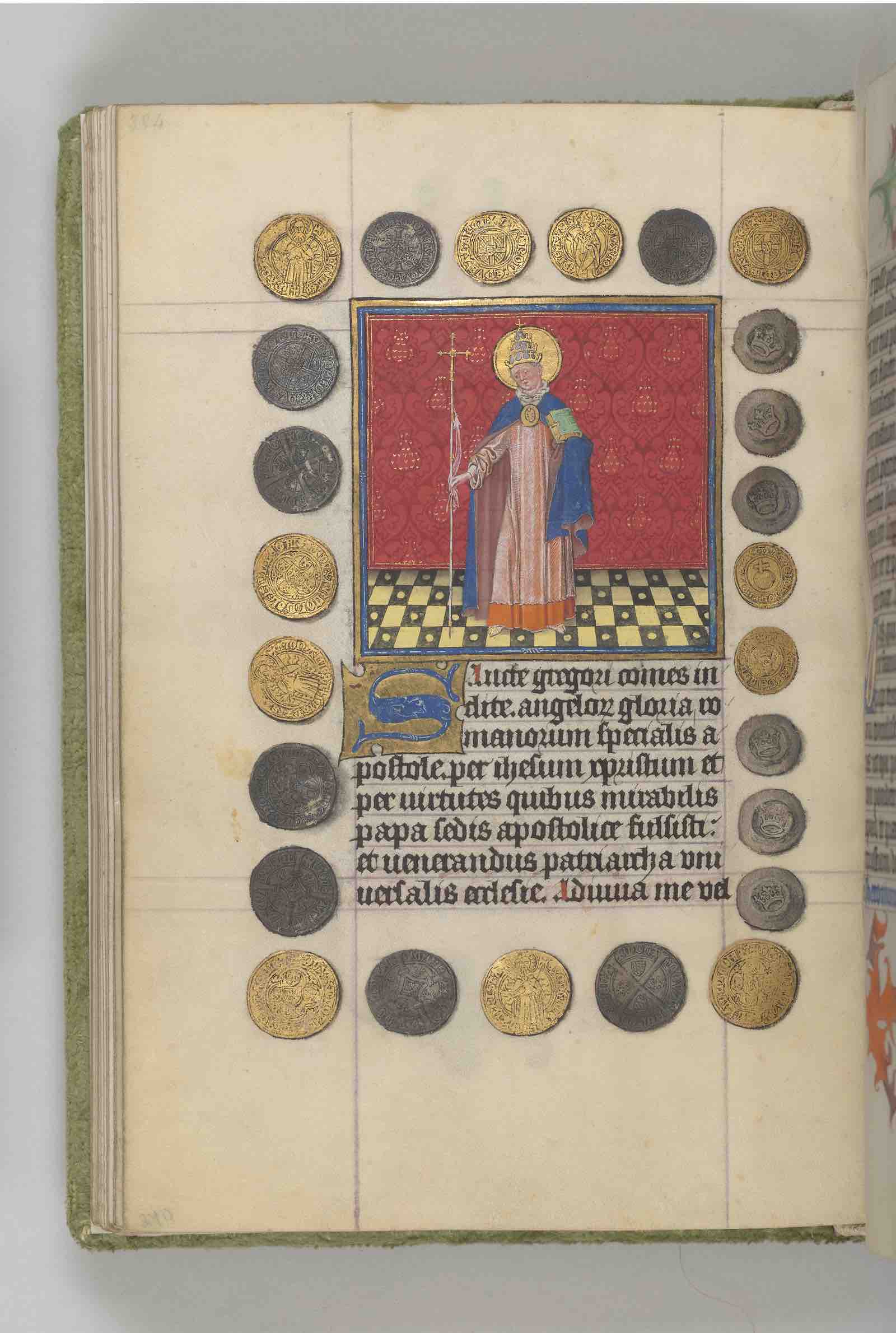 Master of Catherine of Cleves, St. Gregory the Great and Coins, from the Hours of Catherine of Cleves, The Netherlands, Utrecht, ca. 1440.
