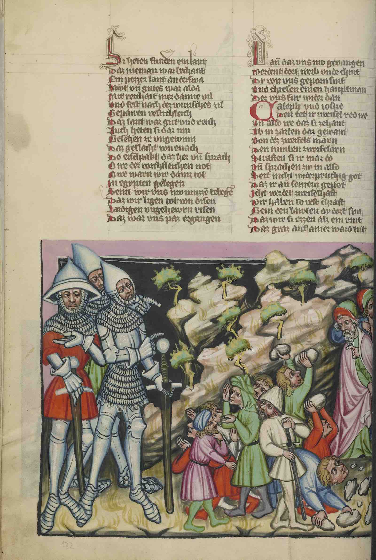 The Israelites’ fear of the giants, about 1400–  10, from World Chronicle, German, tempera colors, gold, silver paint, and ink on parchment