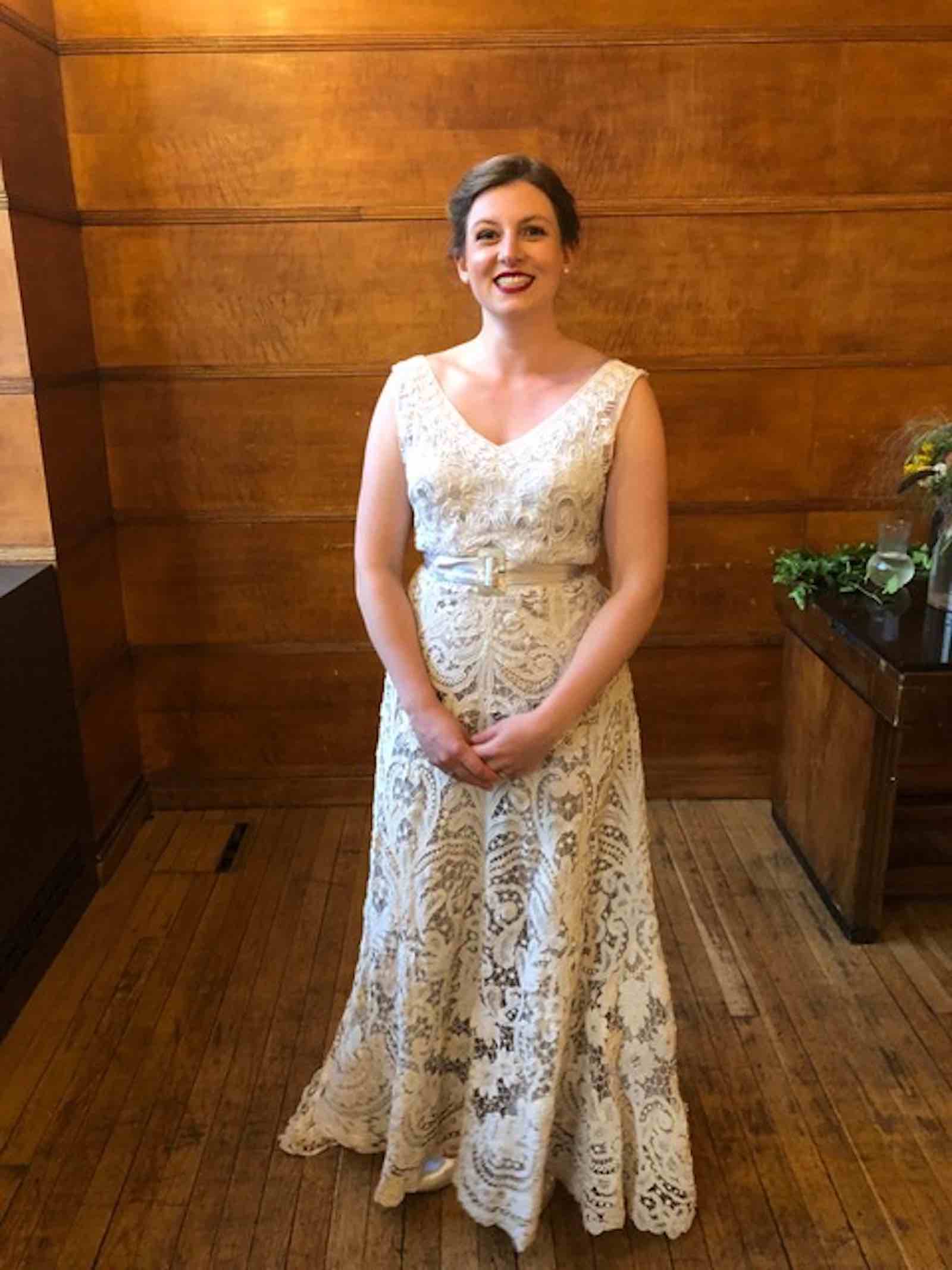 Emma Treleaven in her wedding dress. "I made the top using a technique of needle lace called Battenberg lace which I learned out of books from my collection so I could recreate the lace from the skirt which is from about 1912."