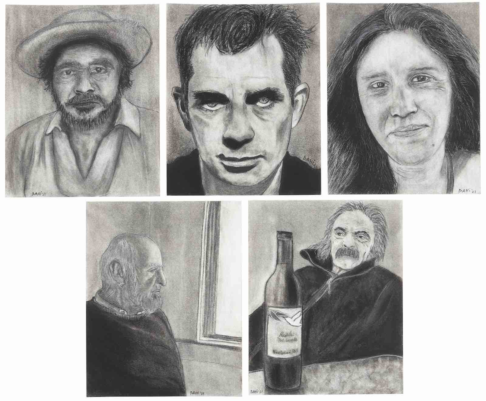 Five charcoal portraits