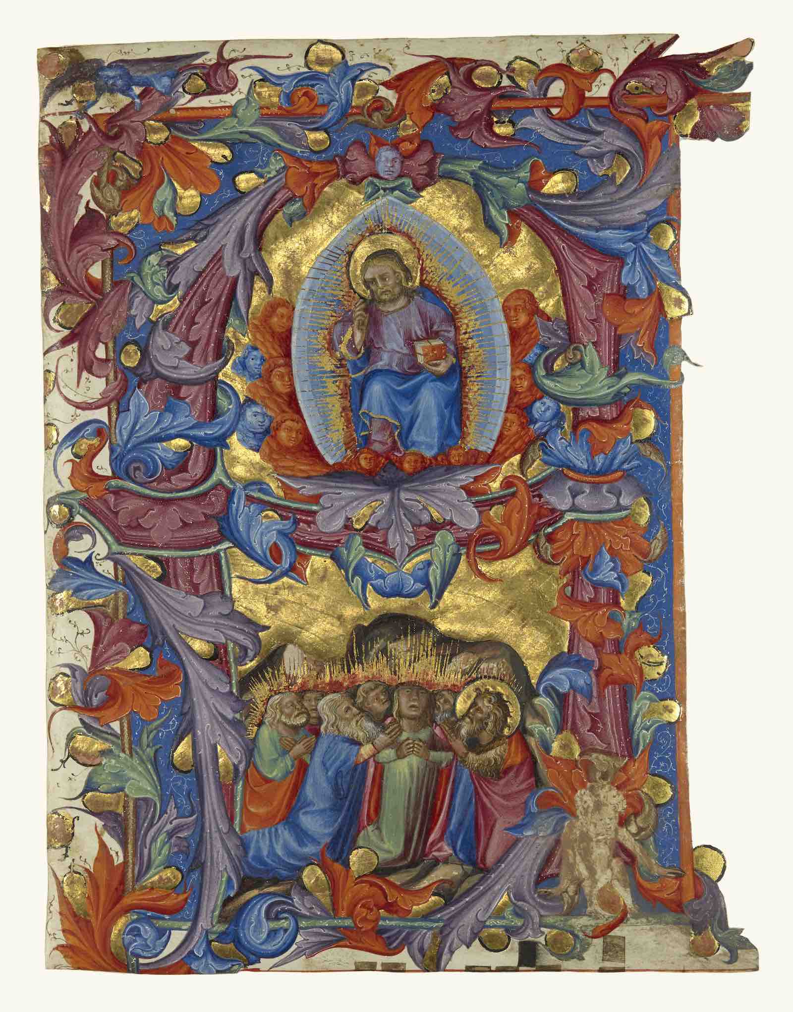 Initial A: Saint John the Baptist and the Messiah, cutting from a gradual, about 1400 – 1450, by  Master of the Burke Saint John the Baptist and the Messiah. Tempera colors and gold.