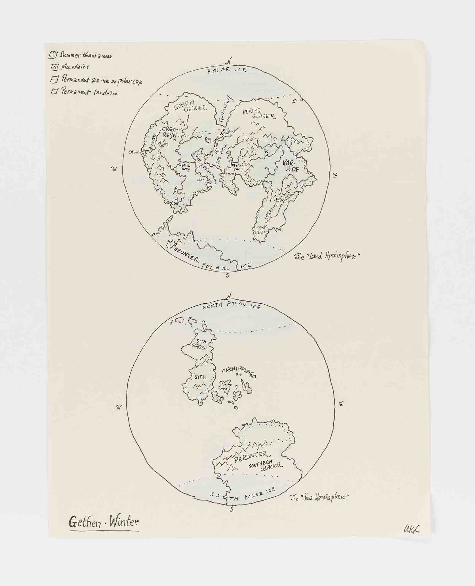 Hemispheres of Gethen, unpublished, for The Left Hand of Darkness, 1969, Ink on typewriter paper.