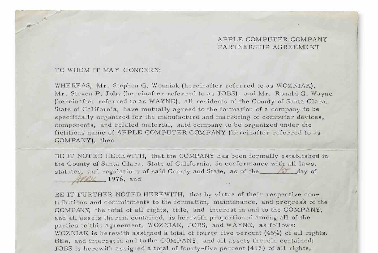 Closeup of the first page of the Apple contract