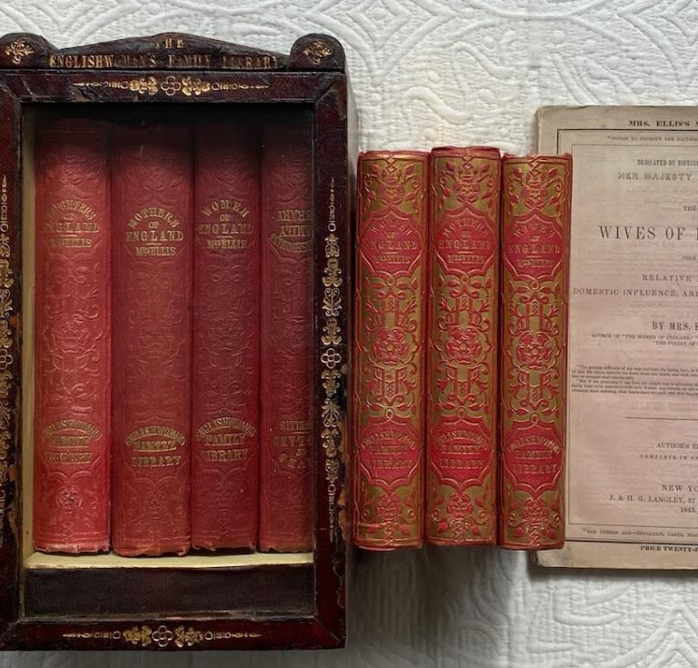 desktop red morocco bookcase made to contain and display a set of four of Mrs. Ellis’s ‘lifestyle’ works
