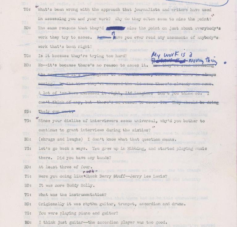 Bob Dylan hand-annotated 1971 interview transcript