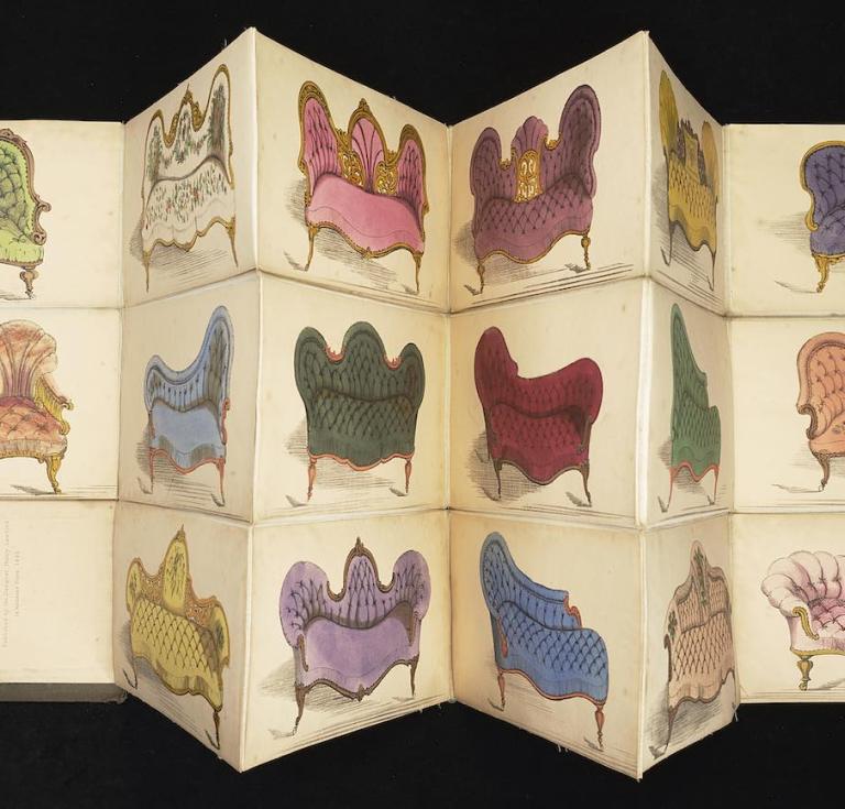 The Cabinet of Practical, Useful and Decorative Furniture Designs, a colour-lithographed fold-out catalogue of sofa designs by Henry Lawford, 1855. 