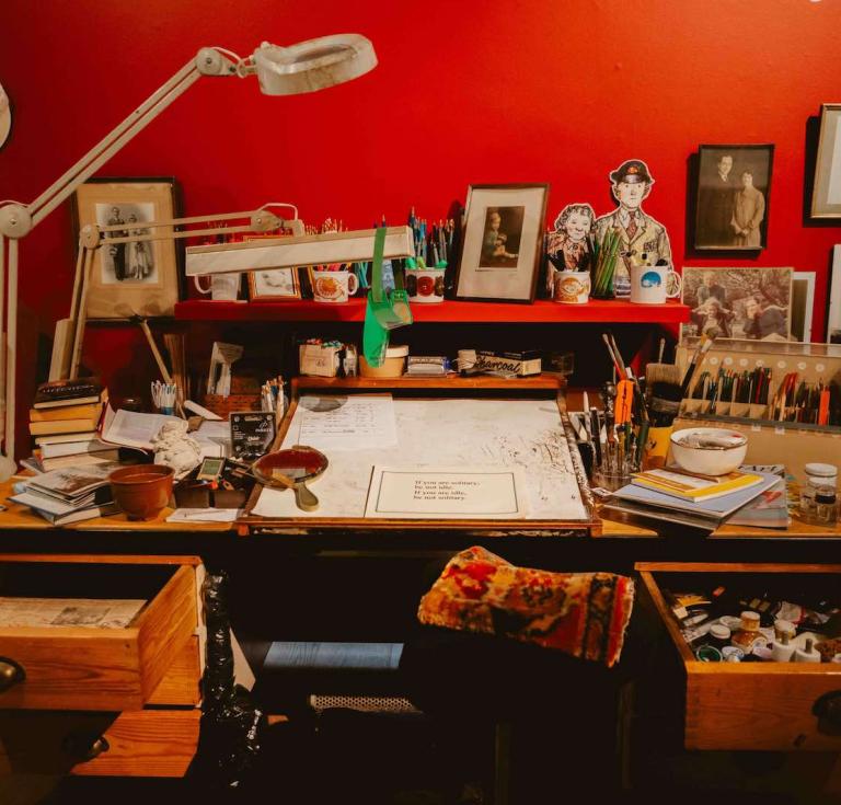 Raymond Briggs' desk at the new exhibition