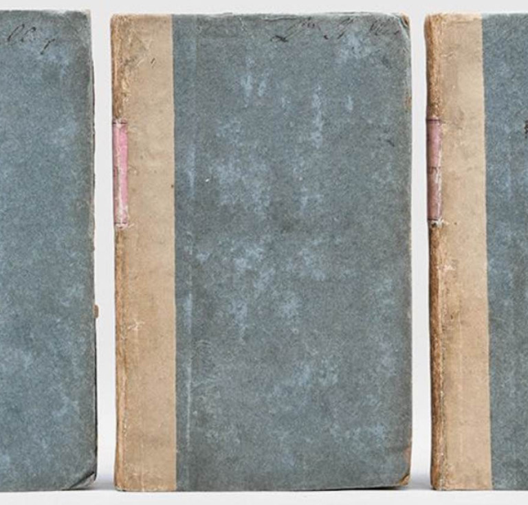 Sense and Sensibility: A Novel by Jane Austen (1811), first edition of the author’s debut novel, scarce in the original boards, with the contemporary ownership signatures of Frances, Lady Shelley, offered at the fair by Peter Harrington.