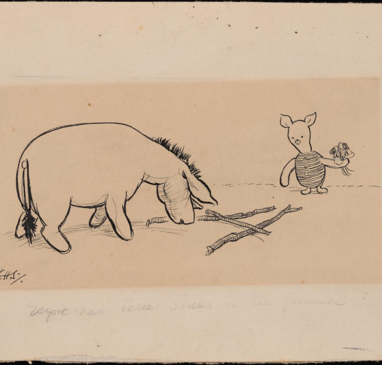 Ernest H. Shepard, Eeyore has three sticks on the ground, ca. 1928. Ink and graphite on board.