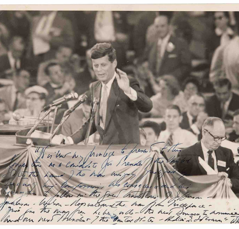 John F. Kennedy signed photograph, quoting from his Address nominating Adlai Stevenson at the 1956 DNC: "In the great traditions of Jefferson, Jackson, Wilson, Roosevelt and the man from Independence, I give you the man from Libertyville"