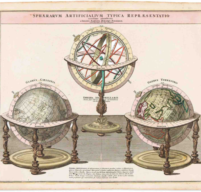 Johann Baptist Homann. Sphaerarum Artificialium Typica Repraesentatio Novissime Adumbrata, Nuremberg, circa 1720.Double-page engraving of an armillary sphere and a matching pair of terrestrial and celestial globes.